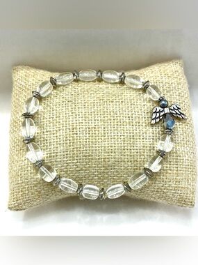 Vintage Handmade Clear Glass Bead Bracelet Silver Tone Metal Angel NWOT